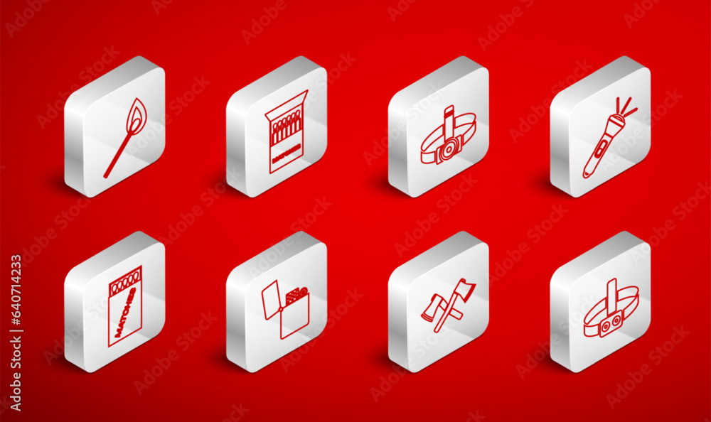 Set line Head flashlight, Open matchbox and matches, Flashlight, Crossed wooden axe, Burning with fire, Lighter and icon. Vector Set line Head flashlight, Open matchbox and matches, Flashlight, Crossed wooden axe, Burning with fire, Lighter and icon. Vector