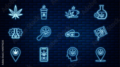 Set line Location and marijuana, Marijuana or cannabis seeds, Cup tea with, Magnifying glass, Test tube, leaf, Medical pills and coffee icon. Vector