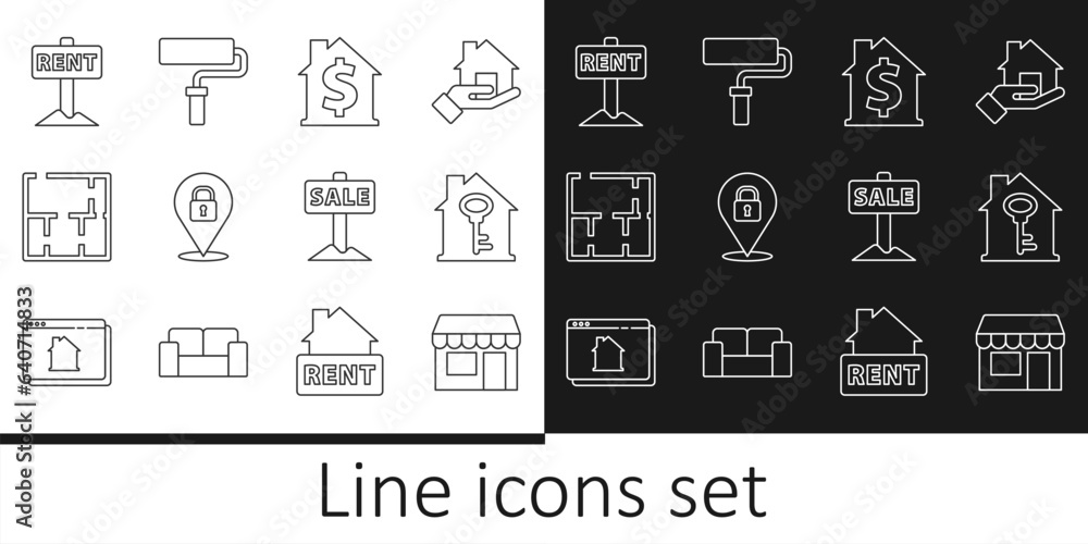 Set line Market store, House with key, dollar symbol, Location lock, plan, Hanging sign Rent, Sale and Paint roller brush icon. Vector