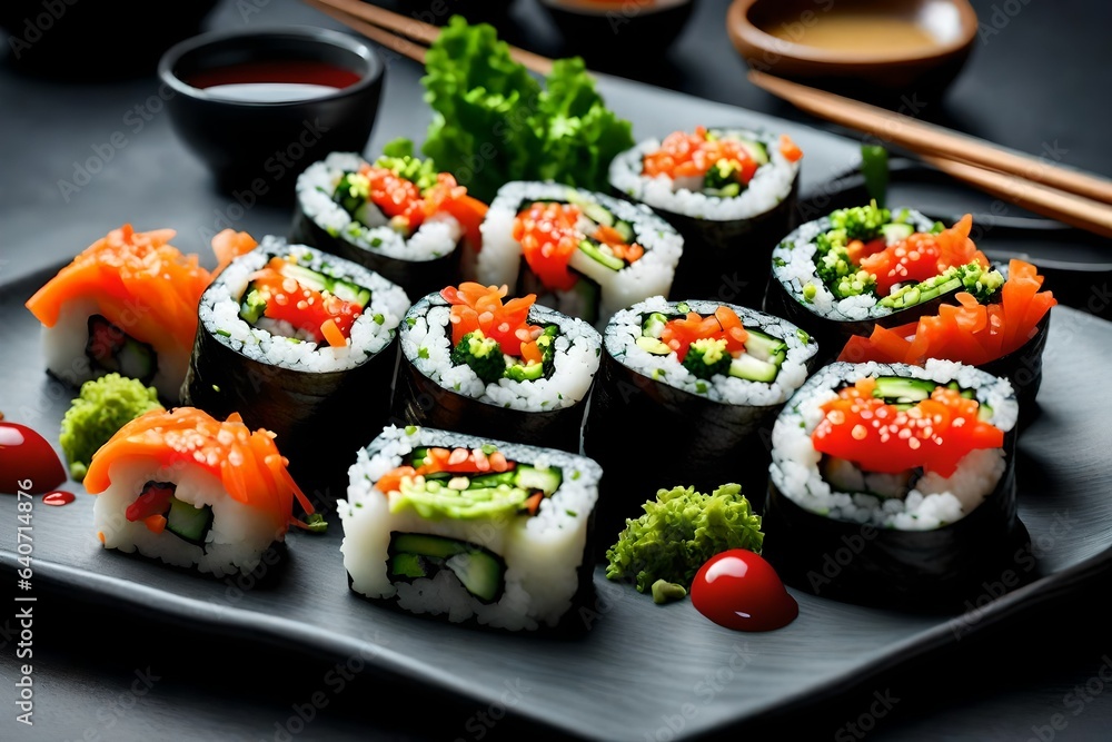 A plate of vibrant vegetable sushi rolls, made with fresh ingredients and served with soy A plate of vibrant vegetable sushi rolls, made with fresh ingredients and served with soy