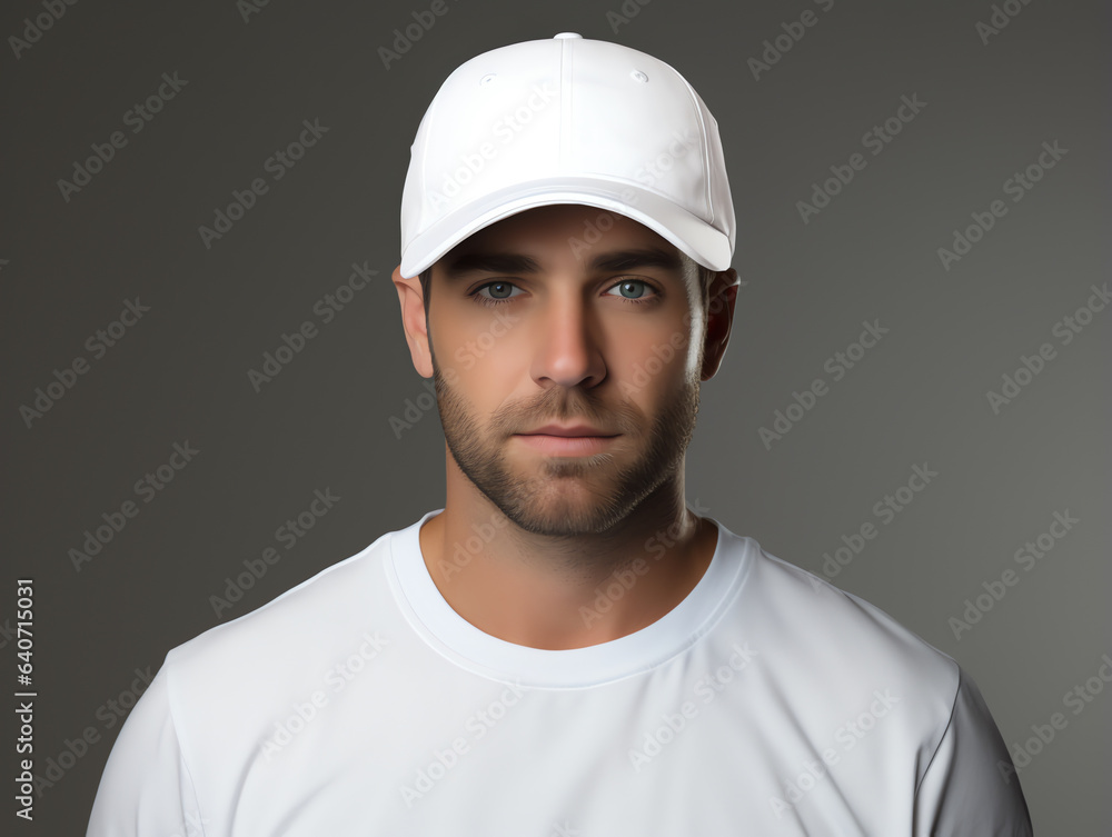 A man wearing blank empty white cap mockup for design template A man wearing blank empty white cap mockup for design template