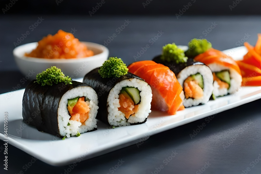 A plate of vibrant vegetable sushi rolls, made with fresh ingredients and served with soy A plate of vibrant vegetable sushi rolls, made with fresh ingredients and served with soy
