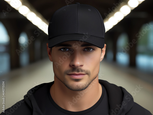 A man wearing blank empty black cap mockup for design template
