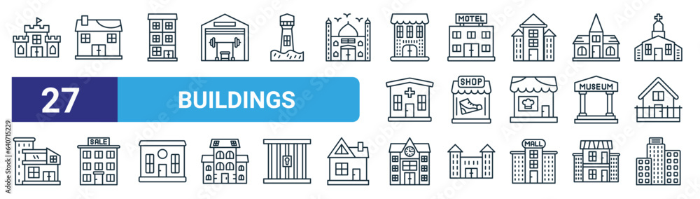 set of 27 outline web buildings icons such as castle, villa, building ...