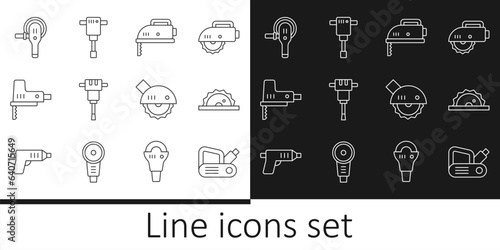 Set line Electric planer tool, circular saw, jigsaw, Construction jackhammer, Angle grinder, and icon. Vector