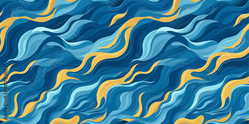 Seamless pattern of blue and yellow waves. Moving water surface. Waves at sea.