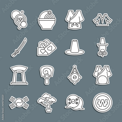 Set line South Korean won coin, Kimono, hat, Lock with heart, Katana, and icon. Vector