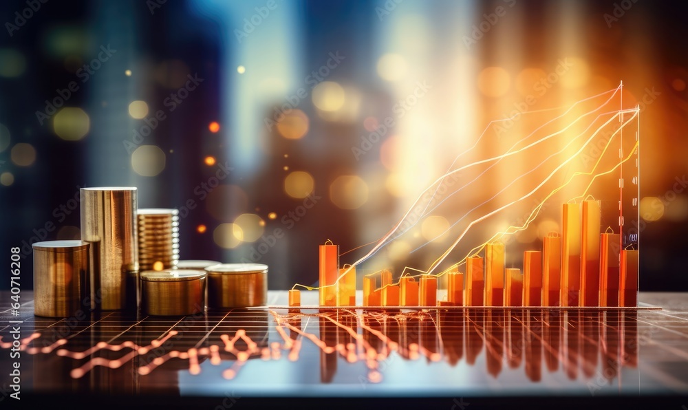 Financial stock market graph and candlestick chart on abstract background. Double exposure