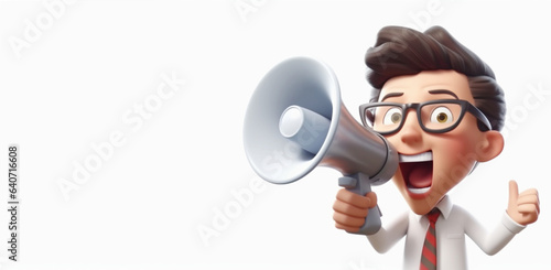 メガフォンを持ってメッセージを伝えるビジネスマンのイラスト man shouting a message through speaker megaphone. photo