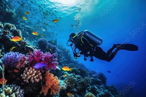 Scuba diver and colorful tropical coral reef with fish in the Red Sea. © Olesia Khazova