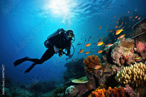 Scuba diver and colorful tropical coral reef with fish in the Red Sea