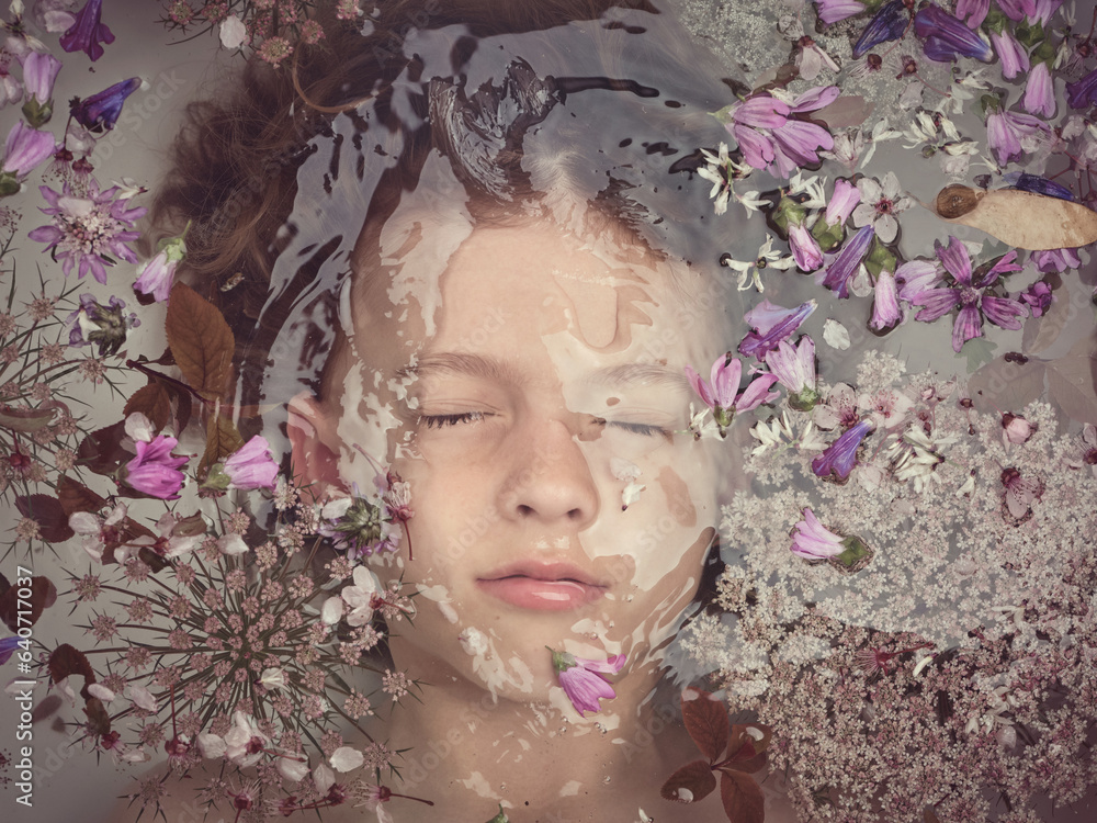 Boy lying underwater in bathtub with flowers