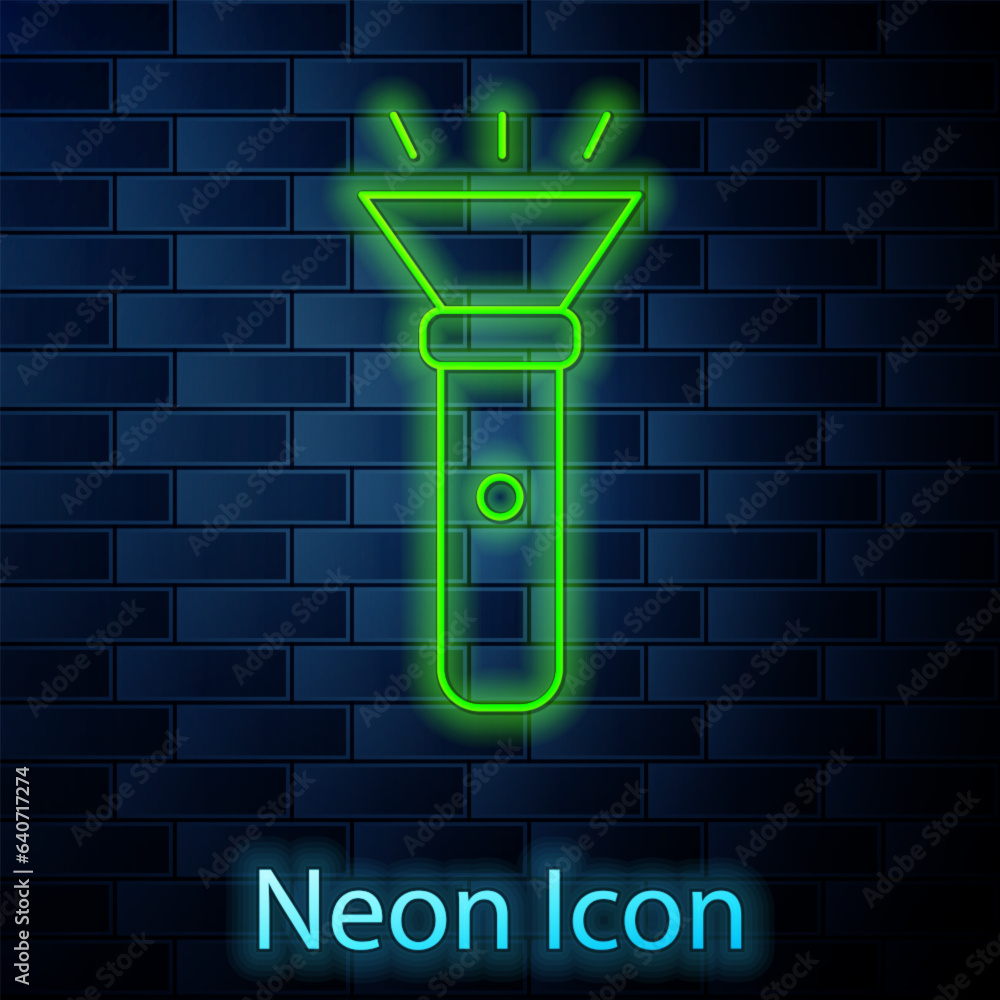 Glowing neon line Flashlight icon isolated on brick wall background. Vector Glowing neon line Flashlight icon isolated on brick wall background. Vector