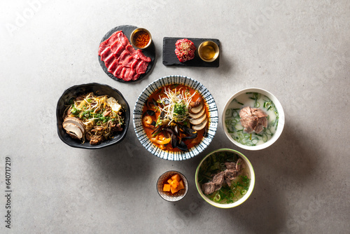Korean food dish Seolleongtang, gomtang, stir-fried Korean beef stew, seafood jjamppongtang, raw beef, meat sashimi