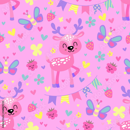 Cute pattern with animals. Baby deer, butterfly and flowers cartoon illustration. Vector seamless pink pattern for little girl.