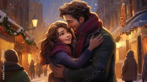 A man and a woman hugging in the snow
