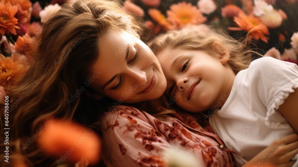 A woman and a little girl laying on a bed of flowers A woman and a little girl laying on a bed of flowers
