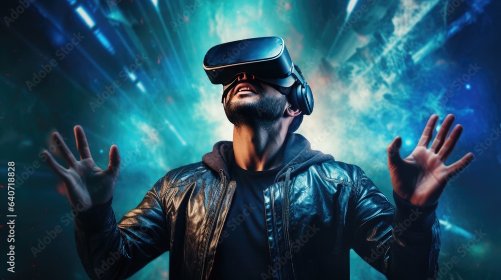 Young man with virtual reality headset or 3d glasses over colorful background Young man with virtual reality headset or 3d glasses over colorful background
