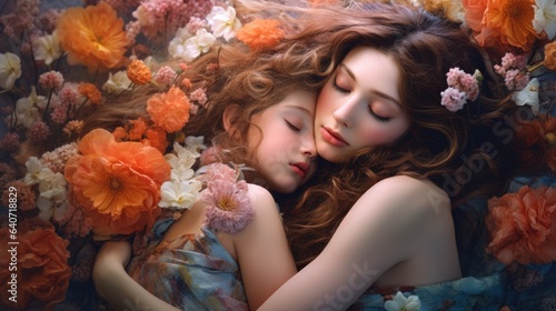 A couple of women laying on top of a bed of flowers