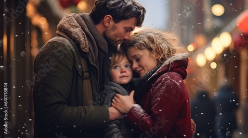 A man and a little girl hugging in the snow