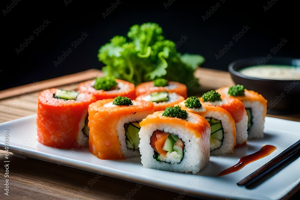 A plate of vibrant vegetable sushi rolls, made with fresh ingredients and served with soy sauce A plate of vibrant vegetable sushi rolls, made with fresh ingredients and served with soy sauce