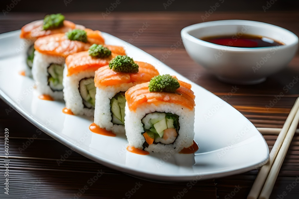 A plate of vibrant vegetable sushi rolls, made with fresh ingredients and served with soy sauce 