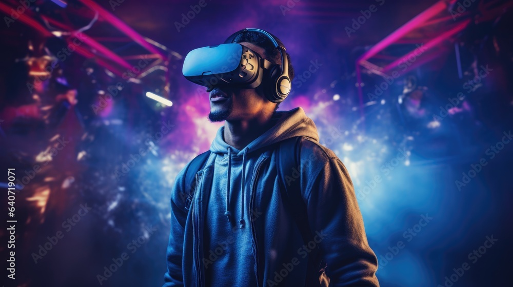 Young man wearing virtual reality goggles. Future technology and entertainment concept, artificial intelligence concept Young man wearing virtual reality goggles. Future technology and entertainment concept, artificial intelligence concept