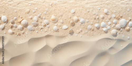 Aerial view of beautiful tropical beach with white sand and sea shells. Beach sand background with seashells and sand. Top view.