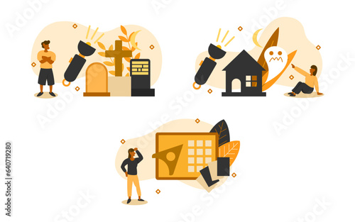 Halloween night illustration. characters are looking at playing Ouija board in Halloween night. Halloween night activity concept. vector illustration.