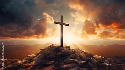 Fotografiet Amazing Resurrection: Christian Cross with Dramatic Sunset Background and Jesus