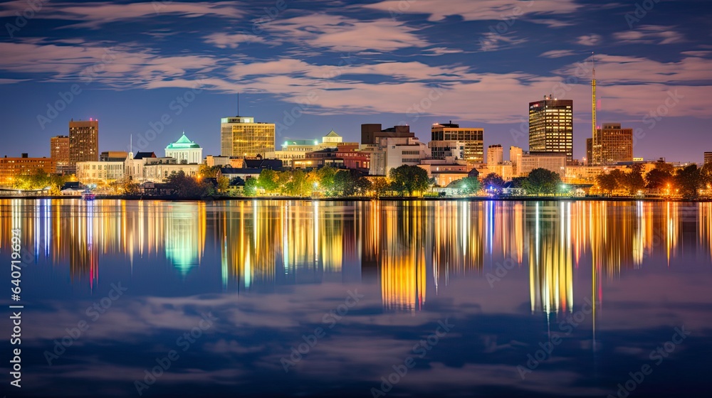 Panoramic View of Wilmington Skyline Reflected in Christiana River, Delaware - Travel and Business in America at Night