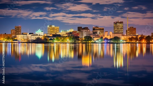 Panoramic View of Wilmington Skyline Reflected in Christiana River  Delaware - Travel and Business in America at Night