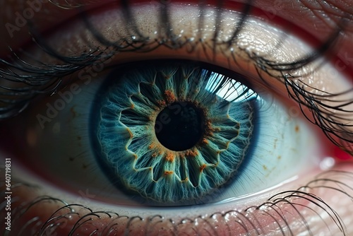 Up Close Oko Eye with Blue and Grey Hues, Detailed Macro Shot of Pupil and Eyelash with Nautical Make-Up