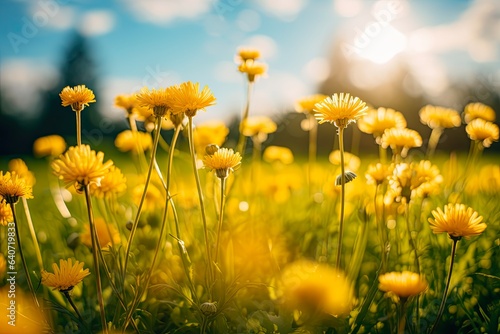 Yellow Spring Flower on a Lush Green Meadow. Beautiful Background for Spring, Summer, and Nature Themes