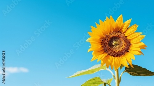 A vibrant sunflower against a clear blue sky with space for text  creating a striking contrast and a clear area for your text overlay. AI generated.