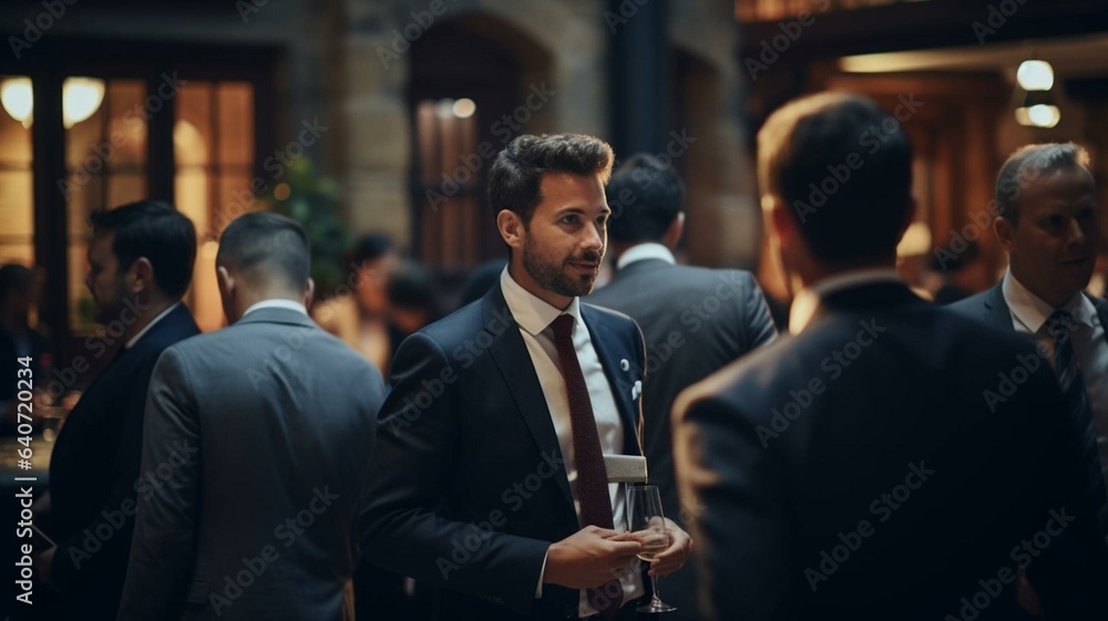 Business men talking at networking event