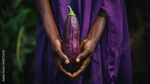Close-up of female hands in purple clothes holding an eggplant. The concept of organic food, harvesting and agriculture.