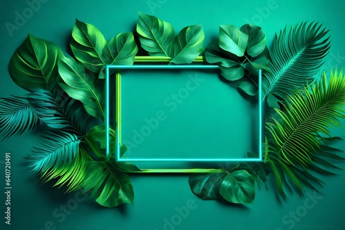 Tropical Leaves Illuminated neon frame with Blue and Green