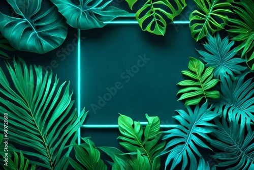 Tropical Leaves Illuminated neon frame with Blue and Green