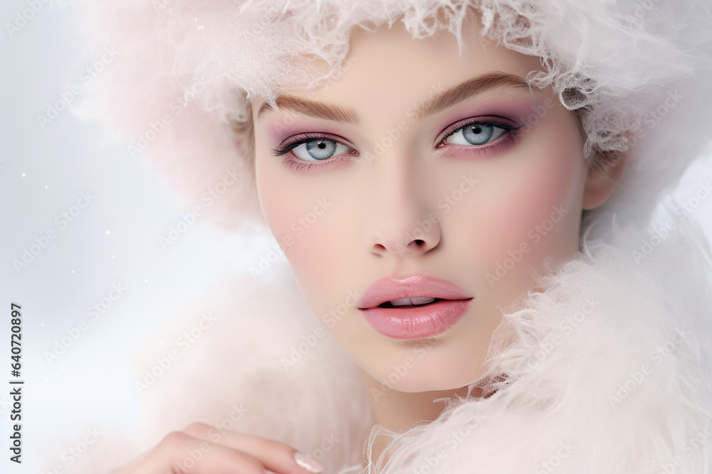 Elegant beauty portrait of a fashionable woman in winter attire. Trendy and stylish winter fashion with soft pastel tones and a cozy fur hat.