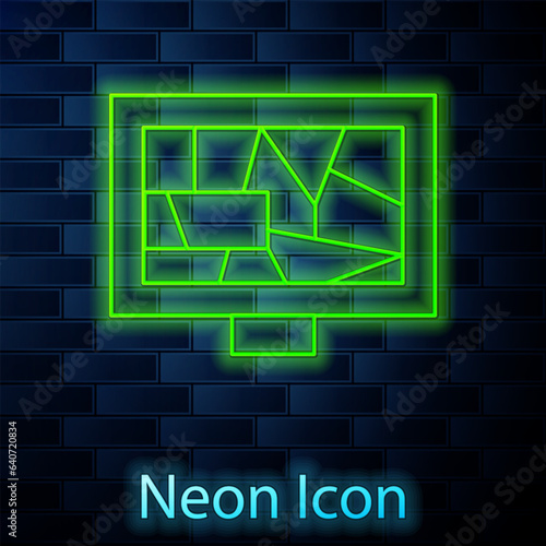 Glowing neon line Picture art icon isolated on brick wall background. Vector