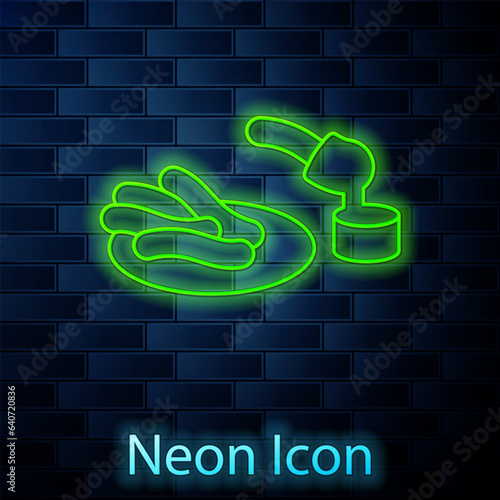 Glowing neon line Churros and chocolate icon isolated on brick wall background. Traditional national Spain dessert, European street food. Vector