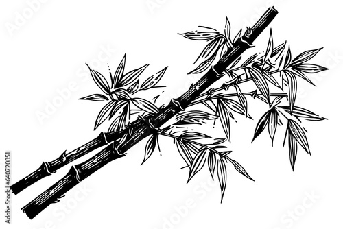 Hand drawn ink sketch of bamboo leaves and branches. Vector illustration.