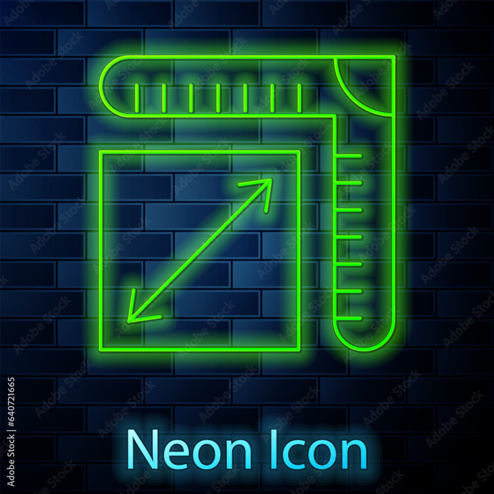 Glowing neon line Paper size icon isolated on brick wall background. Vector