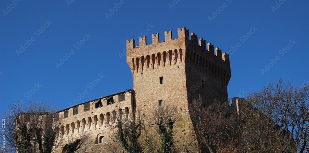 Italy, Marche: Foreshortening of small village called Gradara..