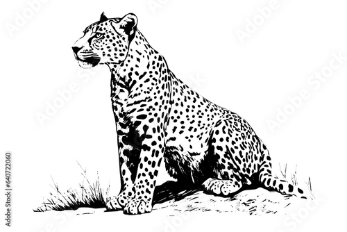 Black and white hand drawn ink sketch of sitting leopard. Vector illustration.