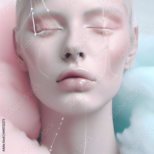 Rose Quartz & Serenity Blue Portrait of a Woman with Closed Eyes · Surrounded by Clouds in Peaceful Mind · Mindfulness Concept Art