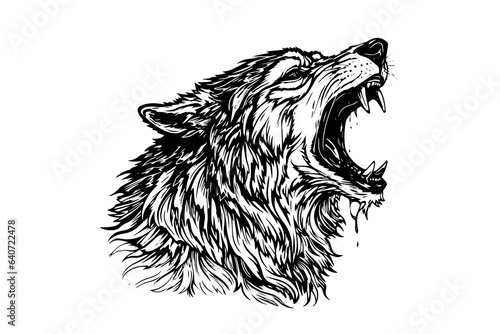 Angry wolf head hand drawn ink sketch. Engraving vintage style vector illustration. Design for logotype, mascot, print.