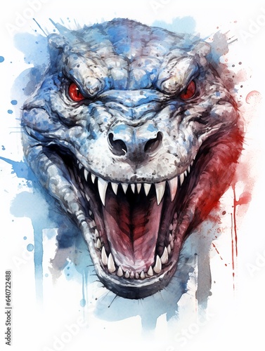 Angry roaring dinasour portrait illustration in watercolor style isolated on white  expression of anger  emotion control concept.