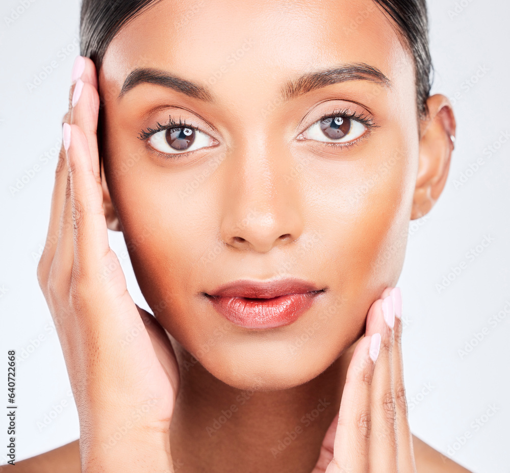 Closeup portrait of Indian woman for skincare, beauty and cosmetics on white background. Dermatology, spa aesthetic and serious face of isolated person for wellness, salon and facial glow in studio Closeup portrait of Indian woman for skincare, beauty and cosmetics on white background. Dermatology, spa aesthetic and serious face of isolated person for wellness, salon and facial glow in studio